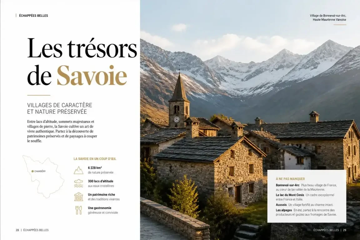 Village traditionnel de Savoie avec architecture en pierre et toits de lauze, typique des villages de Savoie.