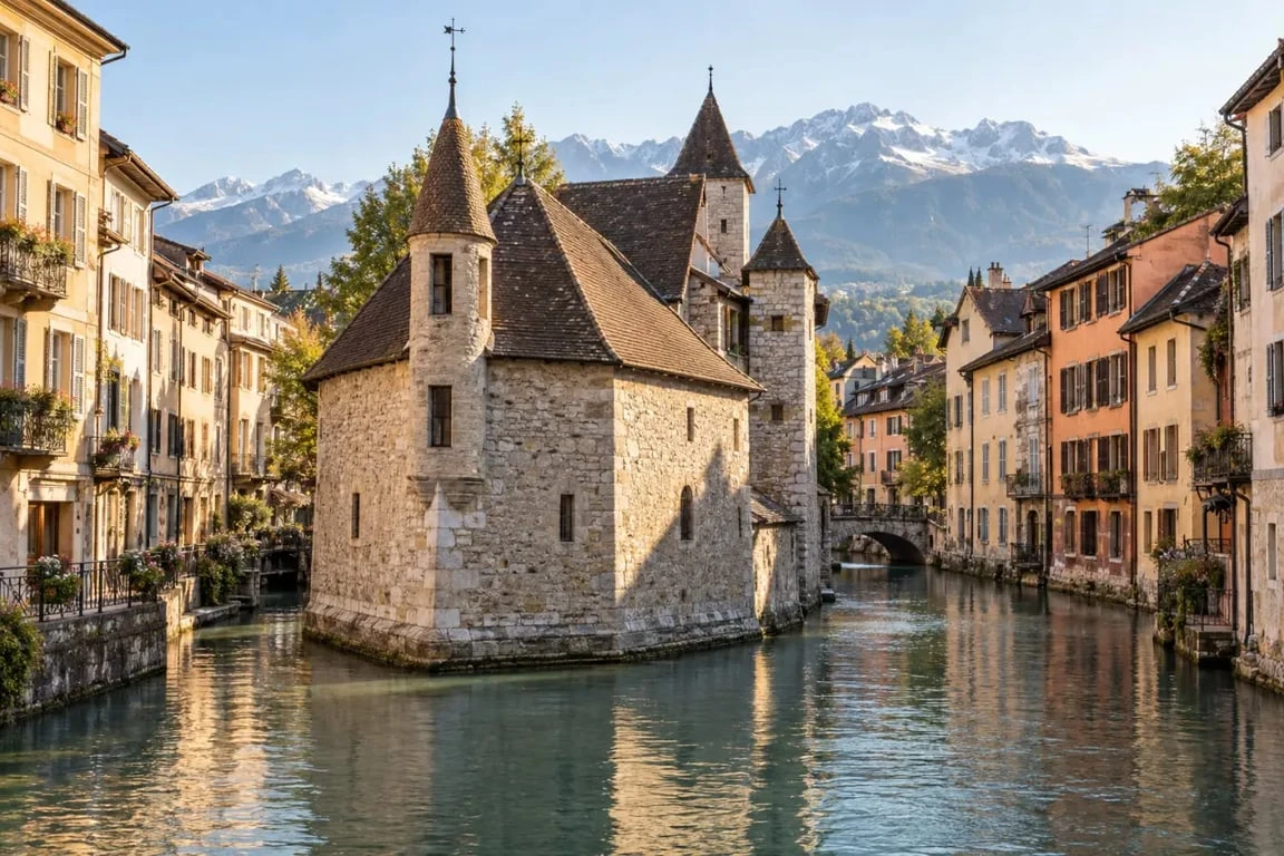 Vieille ville d’Annecy et Palais de l’Île le long des canaux