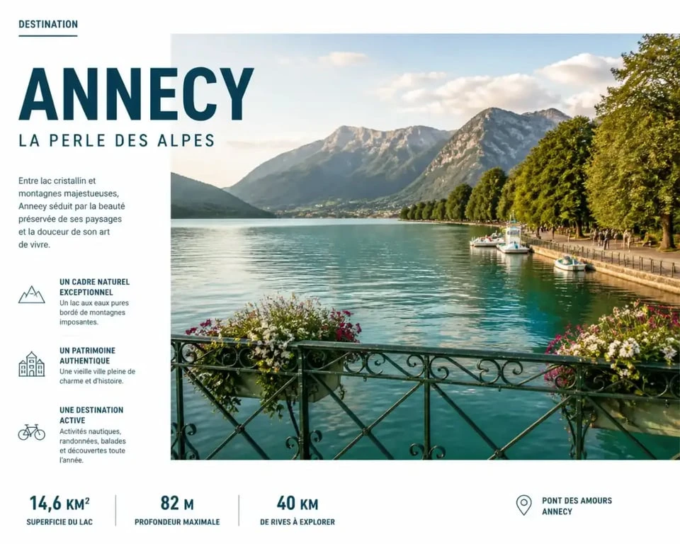 Vue panoramique du lac d'Annecy et du Pont des Amours, un incontournable de l'office du tourisme d'Annecy