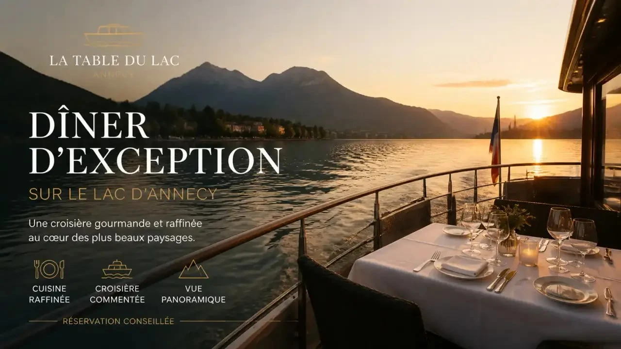 Restaurant bateau Annecy naviguant sur le lac au coucher du soleil