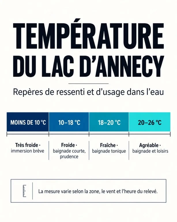 Infographie sur la température du lac d’Annecy et le confort de baignade selon les degrés