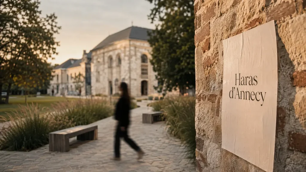 Haras d Annecy : affiche sur un mur, bâtiments et parc