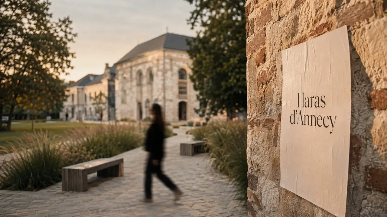 Haras d Annecy : affiche sur un mur, bâtiments et parc