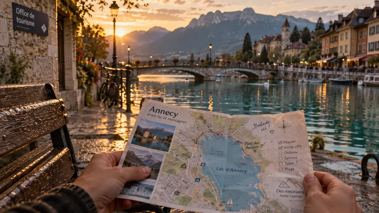 Office du tourisme Annecy : vue quai, lac et Pont des Amours