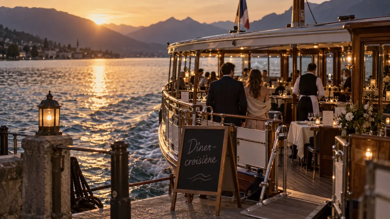 Restaurant bateau Annecy, dîner-croisière au golden hour sur le lac