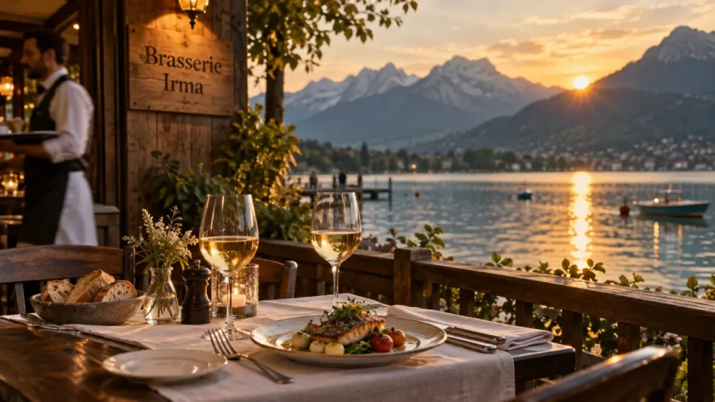 Restaurant bocuse annecy : terrasse au bord du lac, vue montagne, golden hour