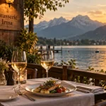 Restaurant bocuse annecy : terrasse au bord du lac, vue montagne, golden hour