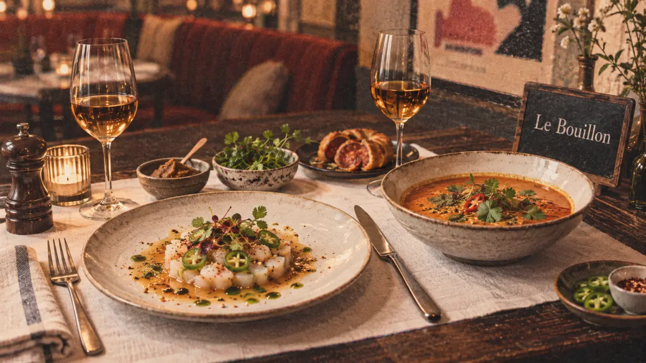 Restaurant le bouillon annecy : tartare de saint-jacques et bouillon épicé au curry rouge