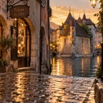 Vieille ville Annecy, vue du Palais de l’Île sur le Thiou à la golden hour