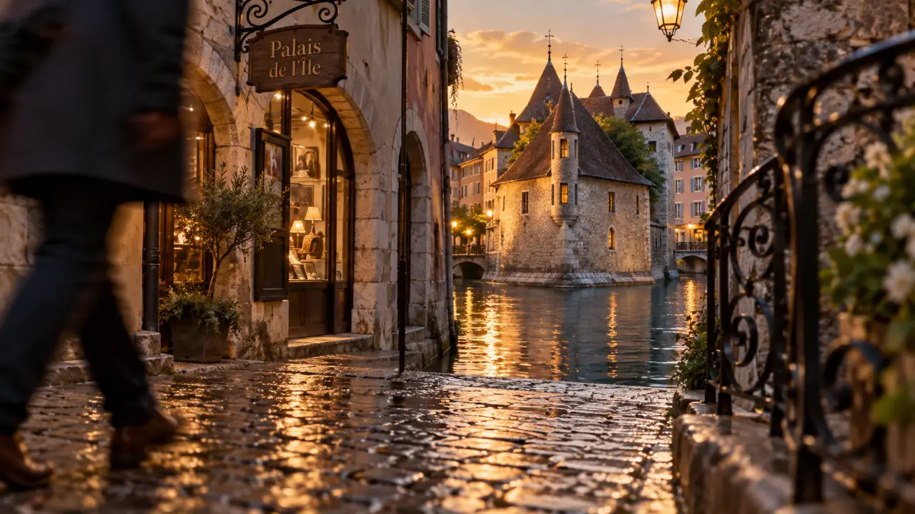 Vieille ville Annecy, vue du Palais de l’Île sur le Thiou à la golden hour