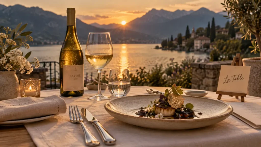 yoann conte restaurant annecy : Table 2 étoiles ou Le Roc, vue lac Annecy.