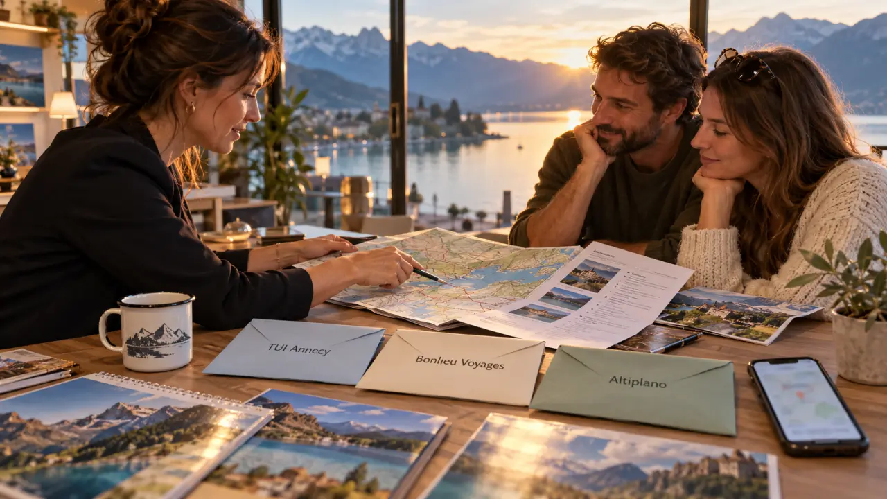 Agene de tourisme Annecy : conseillère montre une carte et un itinéraire sur un bureau lumineux